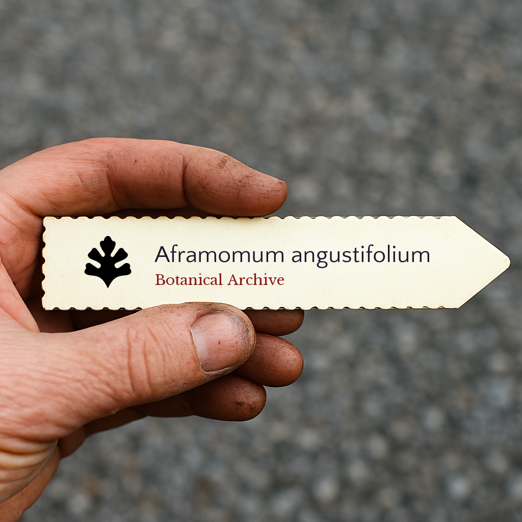 Printed plant label for Aframomum angustifolium held by hand with dirt on fingers