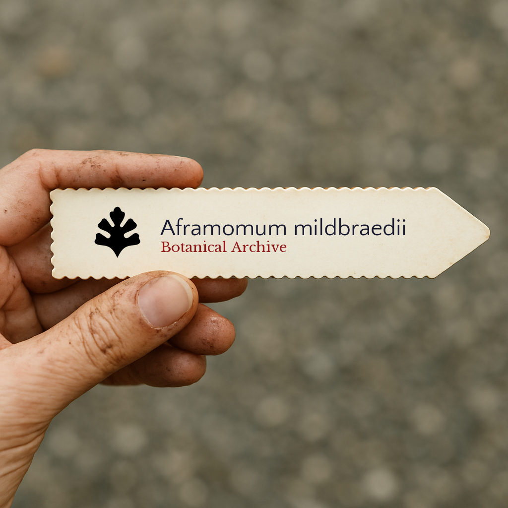 Etichetta stampata per pianta di Aframomum mildbraedii con il logo di Botanical Archive tenuta a mano