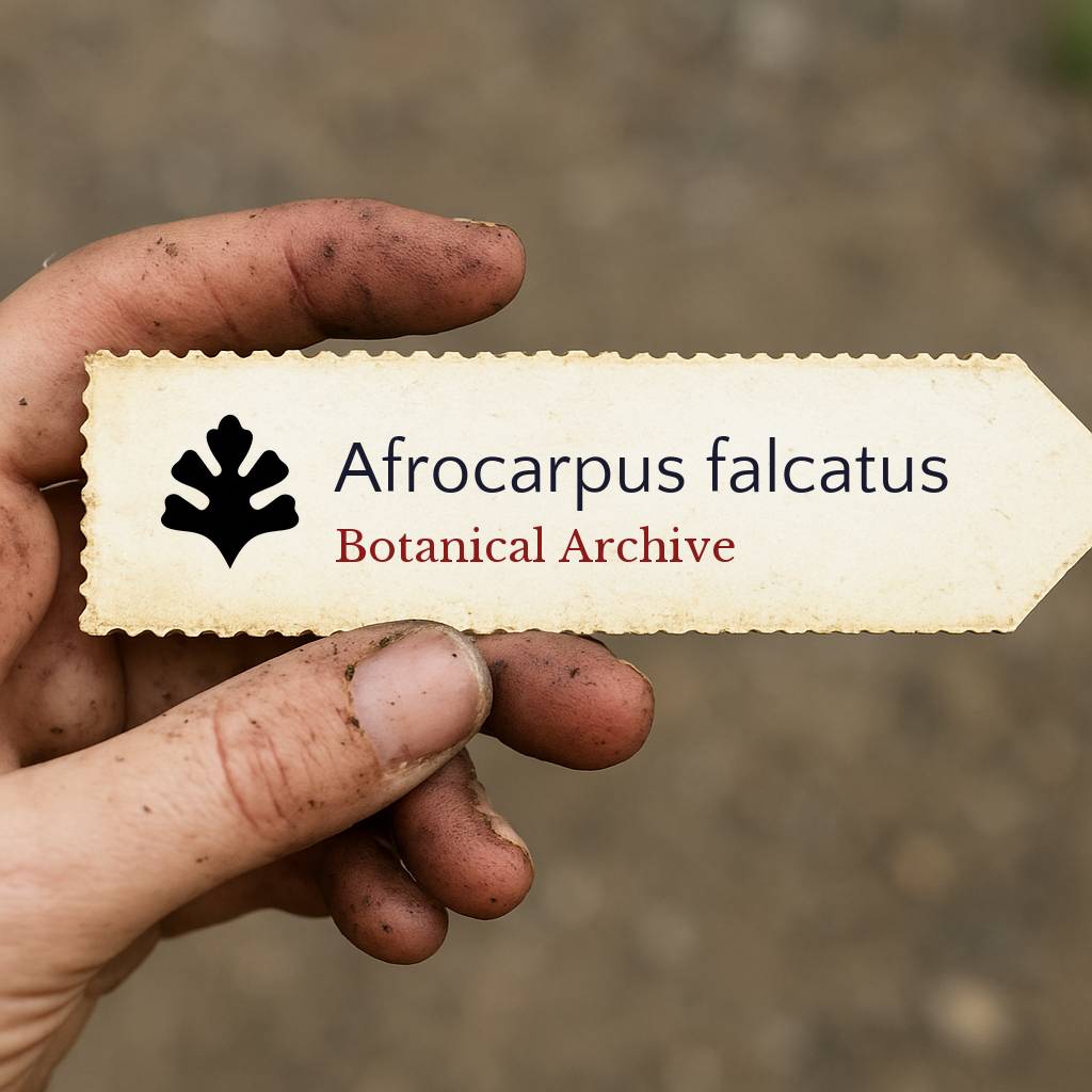 Etichetta per pianta stampata di Afrocarpus falcatus tenuta da mano sporca all'aperto