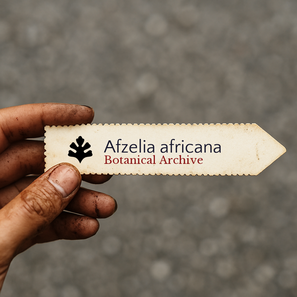 Printed plant label for Afzelia africana held by dirty hand on gray background