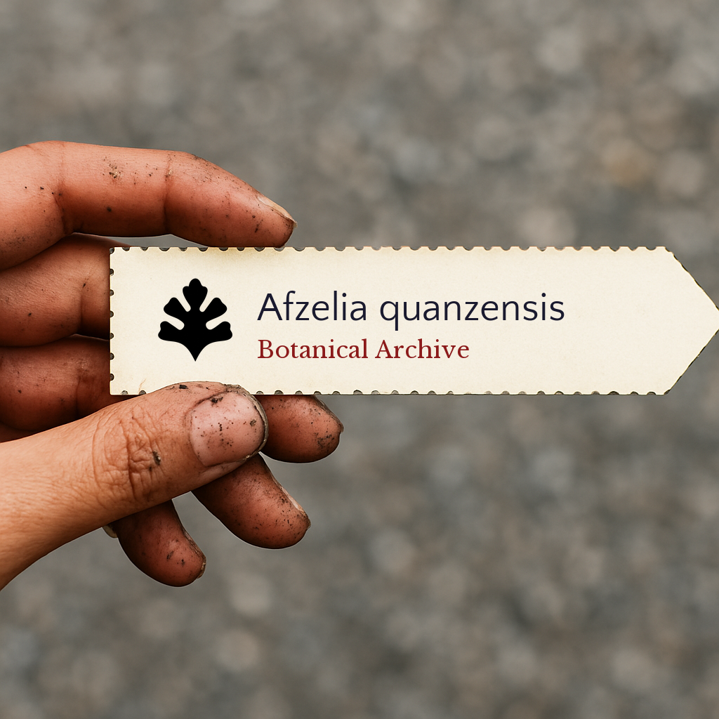Etichetta botanica stampata per Afzelia quanzensis tenuta da mano sporca all'aperto