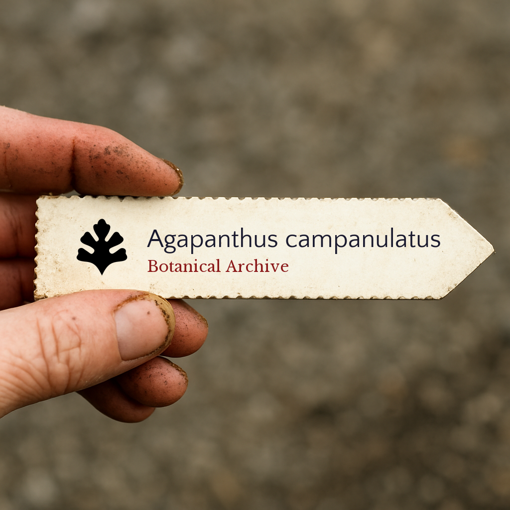 Etichetta piantina stampata per Agapanthus campanulatus tenuta a mano con dita macchiate di terra