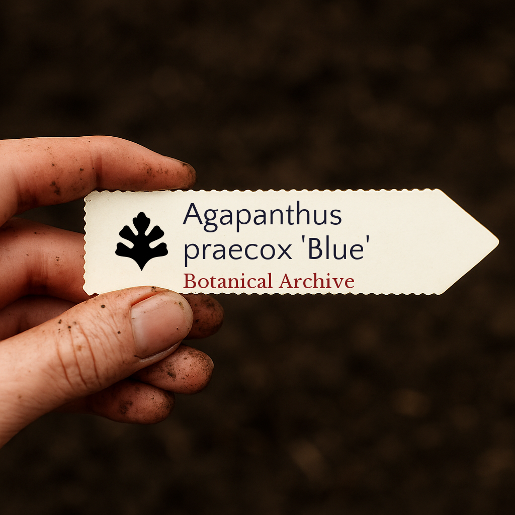 Etichetta per pianta stampata per Agapanthus praecox 'Blue' tenuta a mano con sfondo di terra