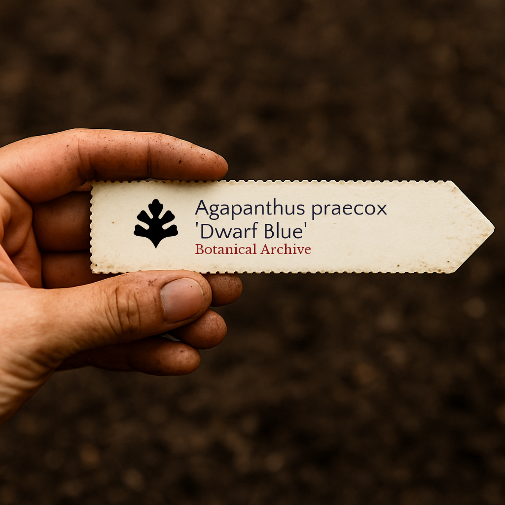 Etichetta stampata per pianta di Agapanthus praecox 'Dwarf Blue' su sfondo di terreno