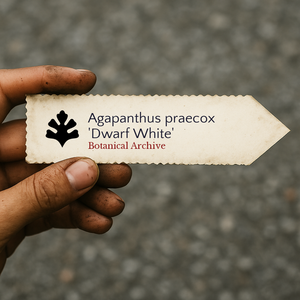 Etichetta stampata per pianta di Agapanthus praecox 'Dwarf White' tenuta da una mano sporca