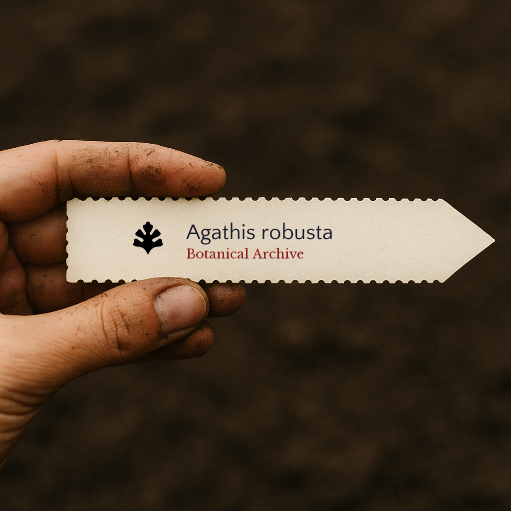 Printed plant label for Agathis robusta held by dirty hand over soil background