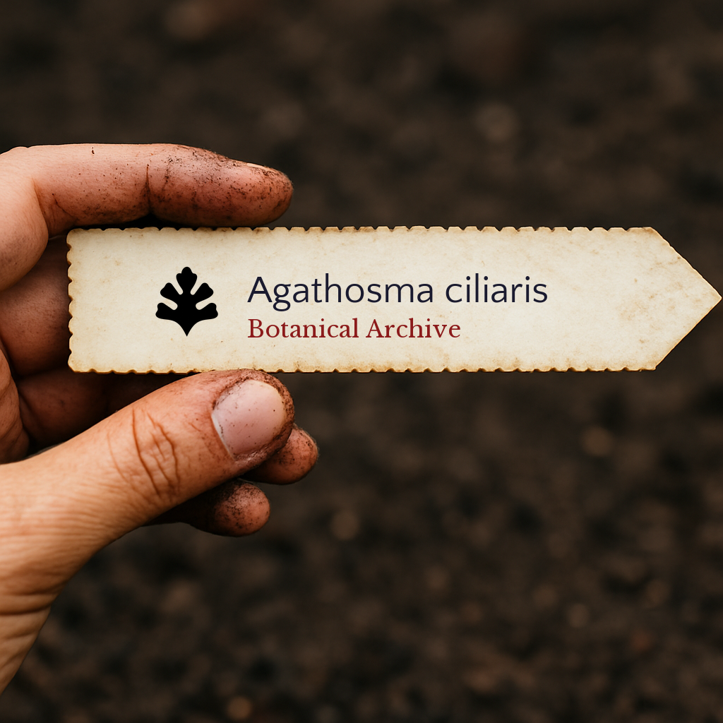 Printed plant label for Agathosma ciliaris held by hand with soil background