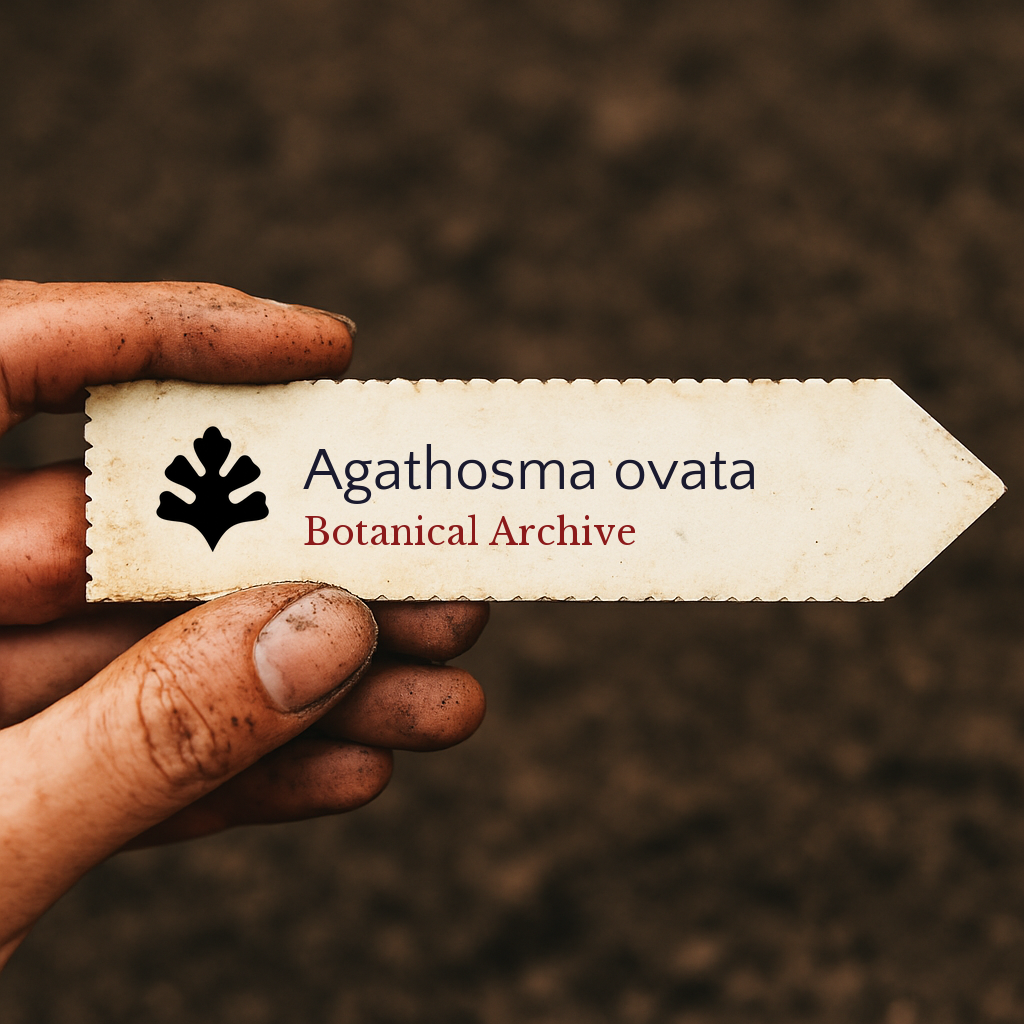 Etichetta per pianta stampata per Agathosma ovata tenuta da mano sporca su sfondo di terreno