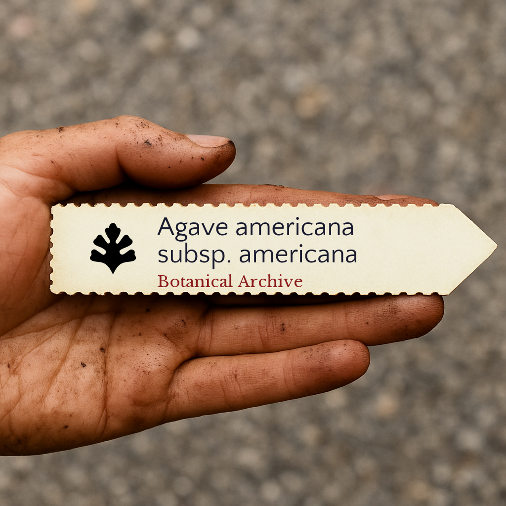 Etichetta stampata per pianta di Agave americana subsp. americana tenuta in mano sporca all'aperto