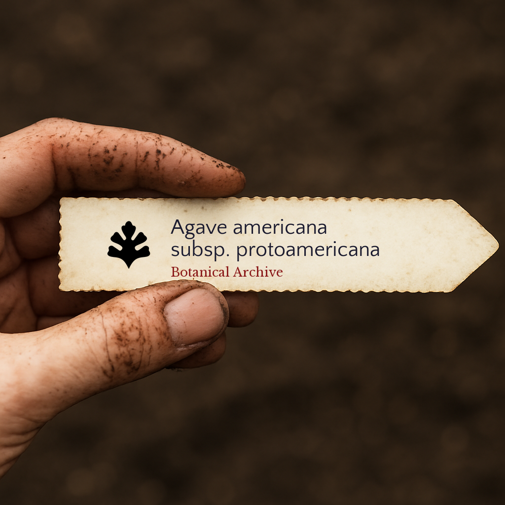 Etichetta per pianta stampata per Agave americana subsp. protoamericana tenuta da una mano sporca