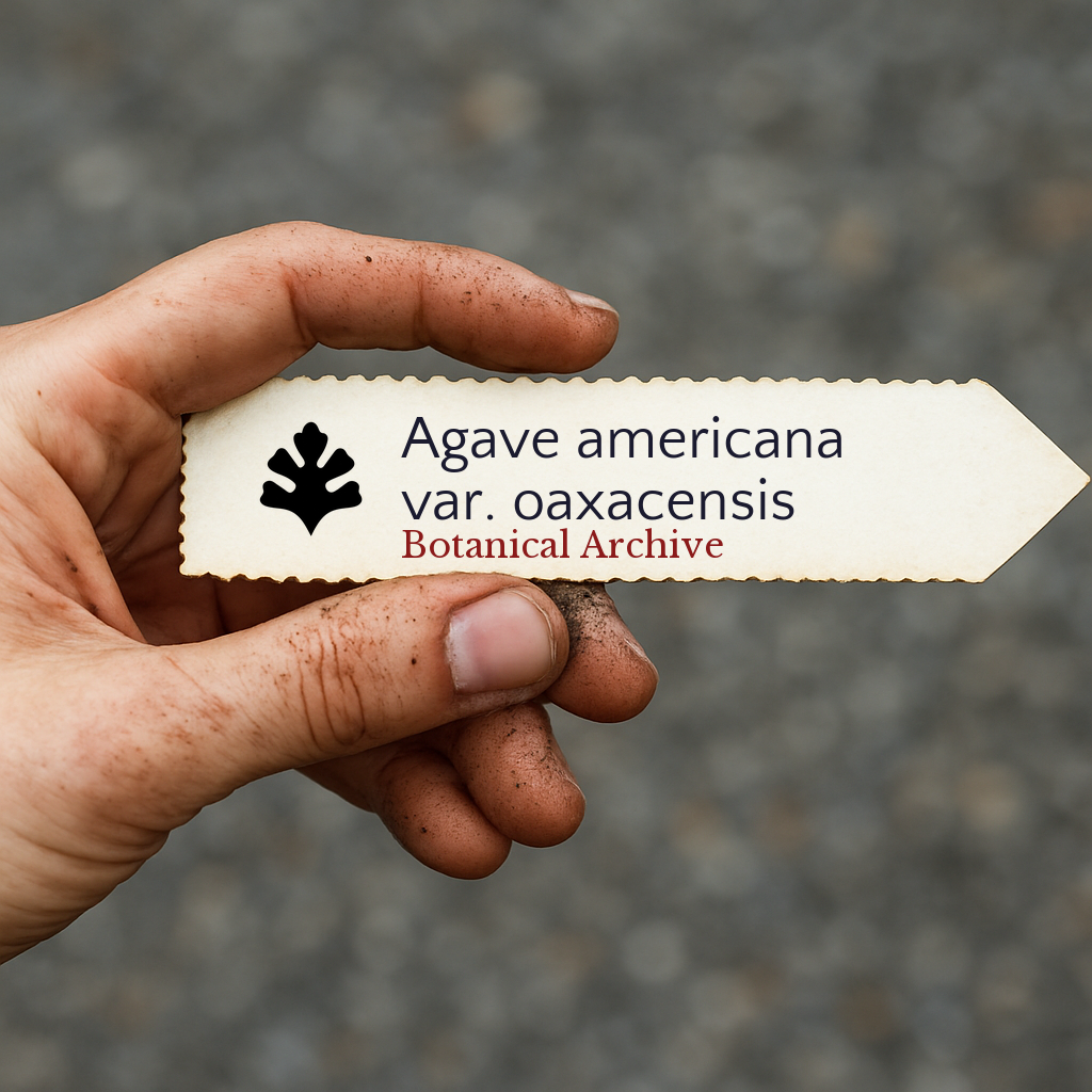 Etichetta stampata per pianta di Agave americana var. oaxacensis tenuta da mano sporca all'aperto