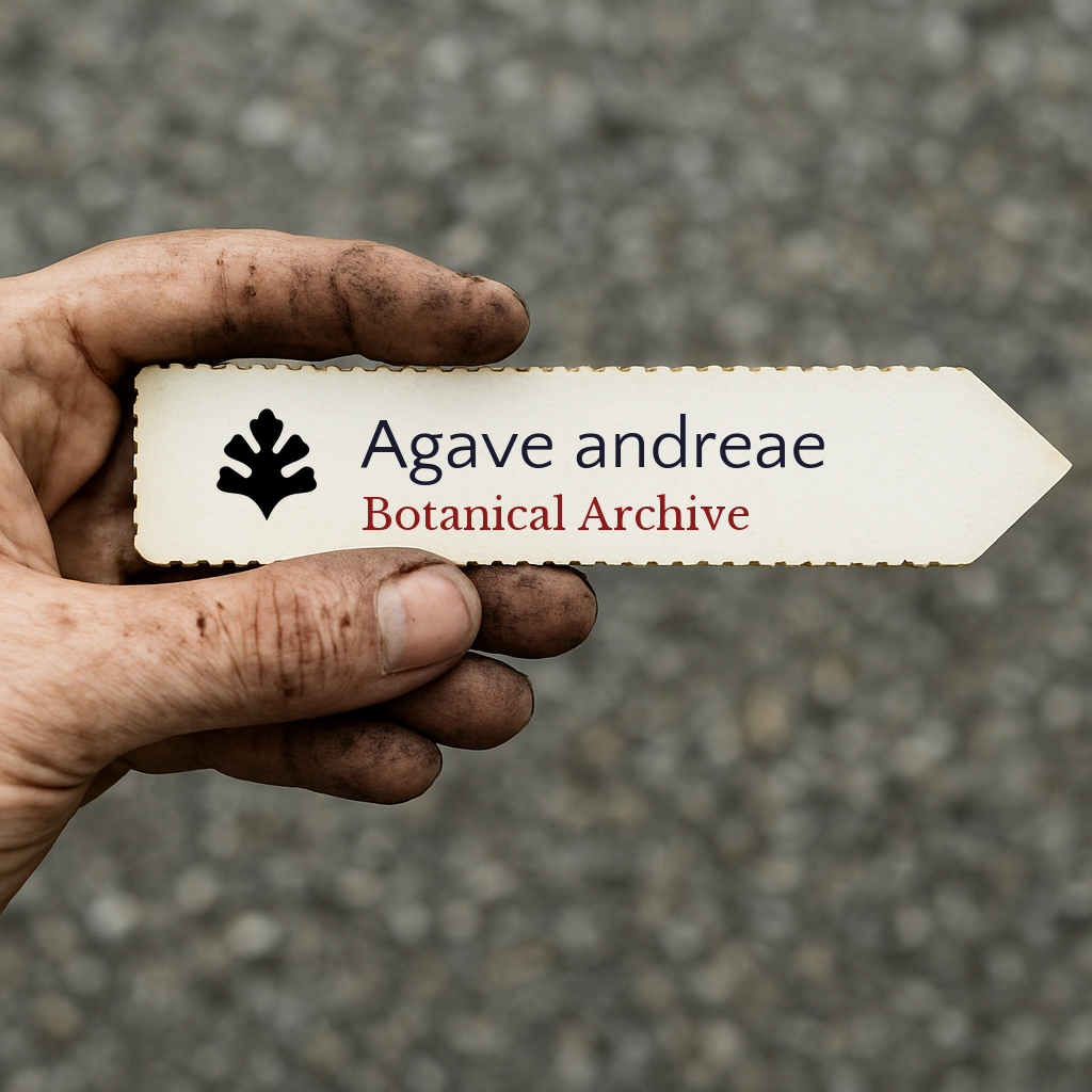 Etichetta piantina stampata per Agave andreae tenuta da una mano sporca su sfondo sfocato