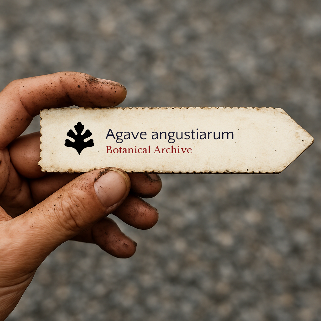 Etichetta per pianta stampata per Agave angustiarum tenuta da una mano sporca all'aperto