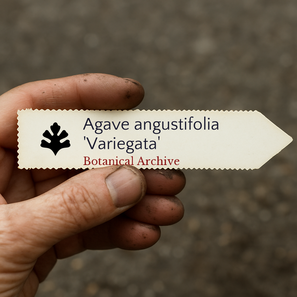 Printed plant label for Agave angustifolia 'Variegata' held by dirty hand