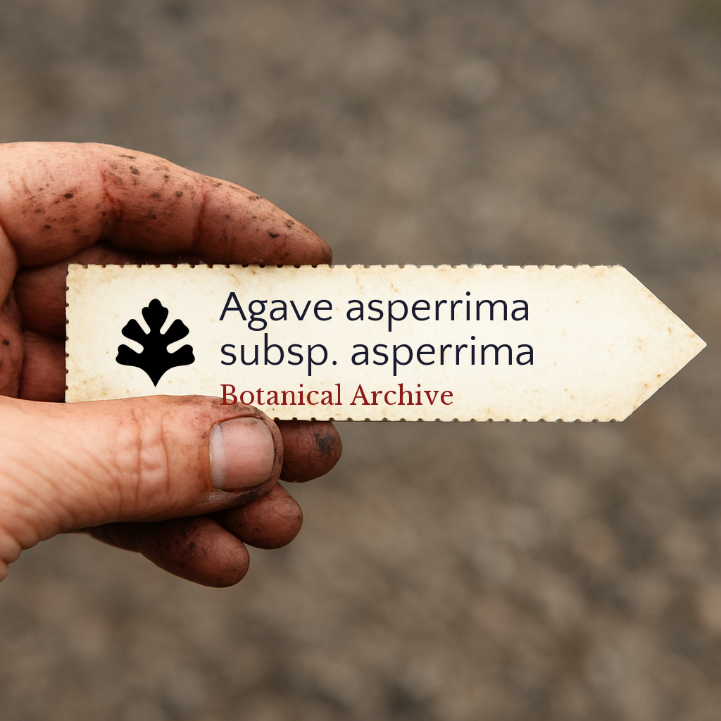 Etichetta stampata per pianta di Agave asperrima subsp. asperrima tenuta da mano sporca all'aperto