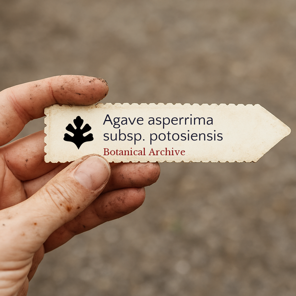 Etichetta stampata per pianta di Agave asperrima subsp. potosiensis tenuta in mano sporca all'aperto