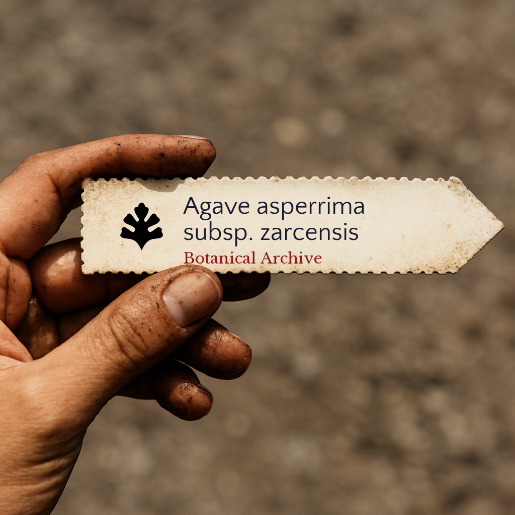 Printed plant label for Agave asperrima subsp. zarcensis held by a dirty hand