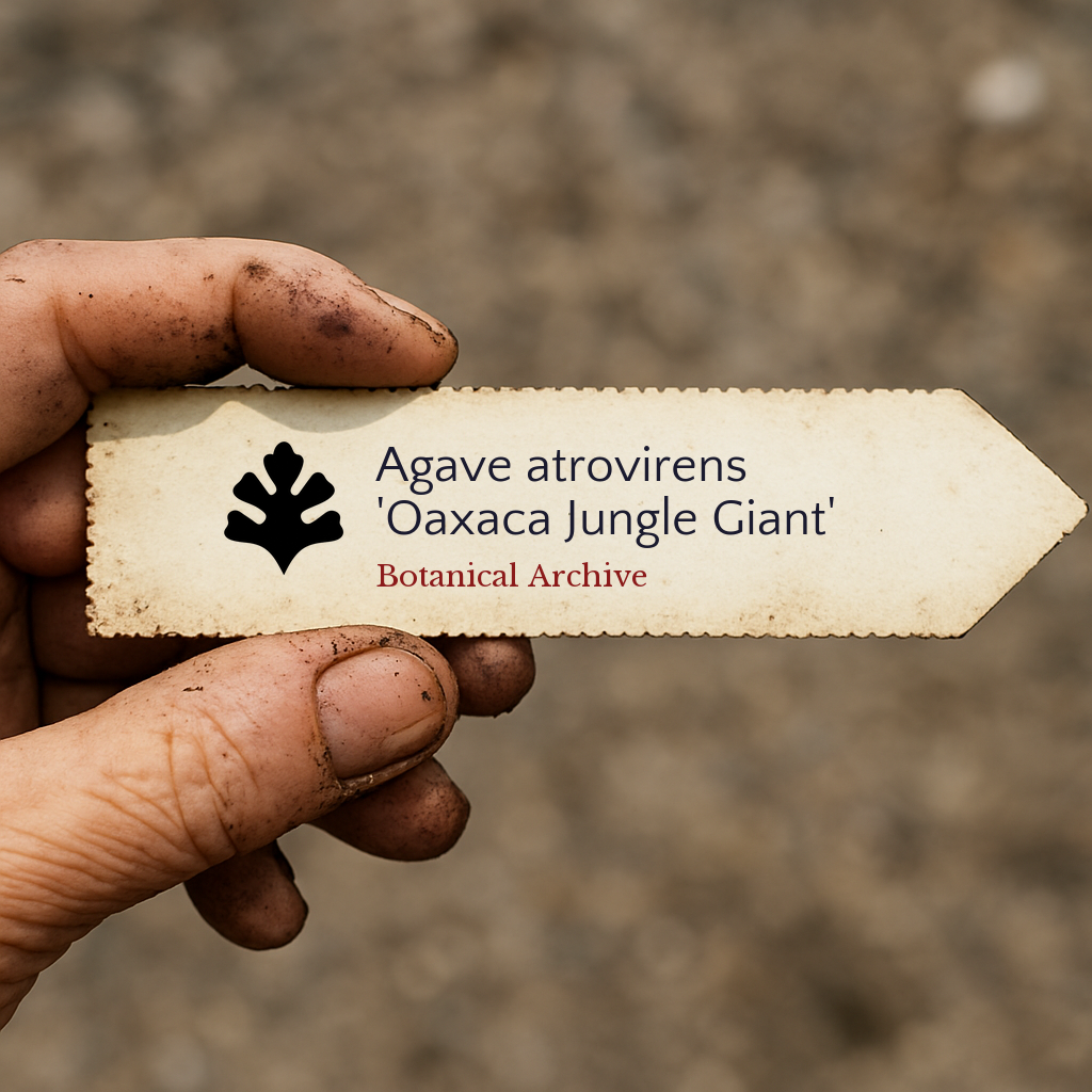 Printed plant label for Agave atrovirens 'Oaxaca Jungle Giant' held by dirty hand