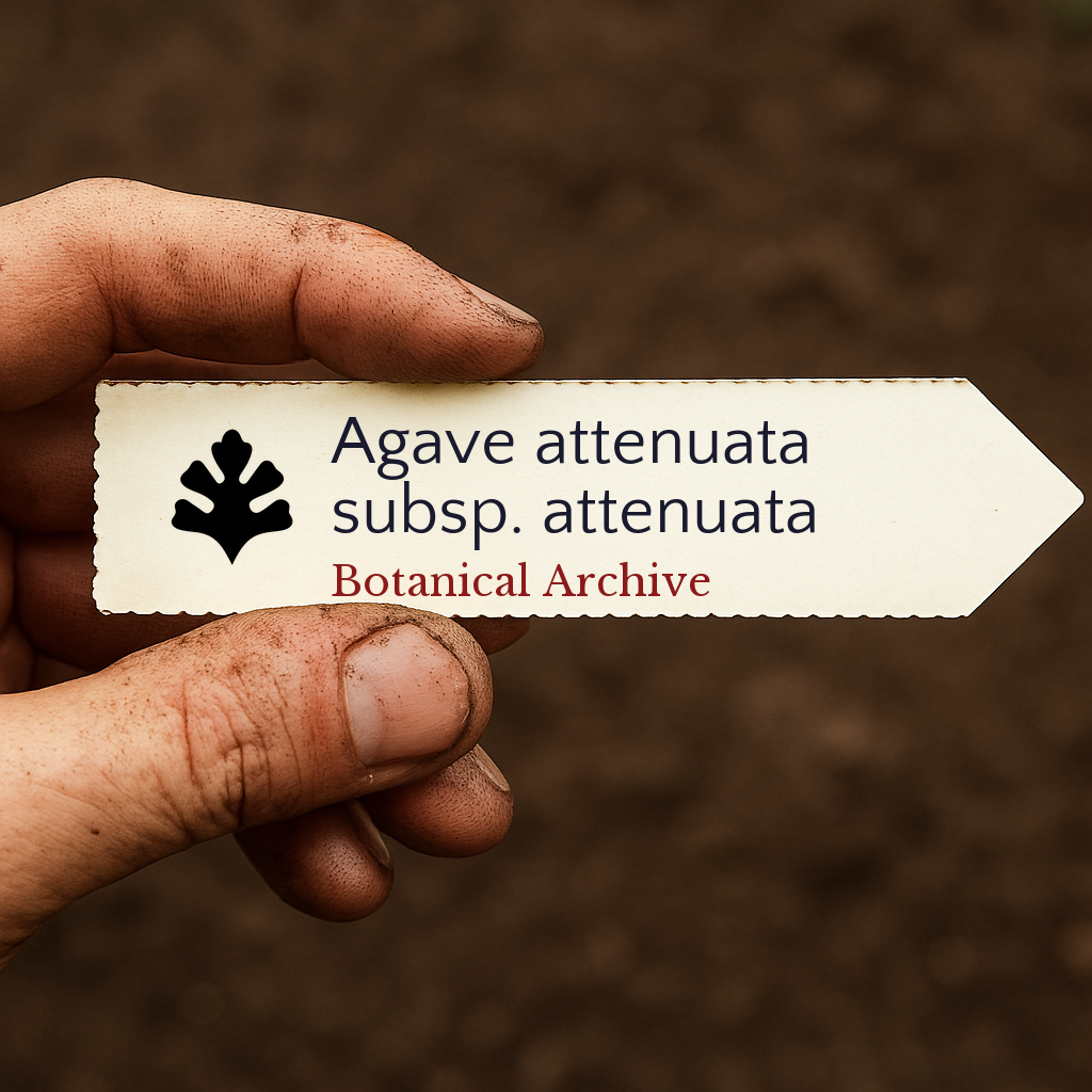 Printed plant label for Agave attenuata subsp. attenuata held by dirty hand over soil background