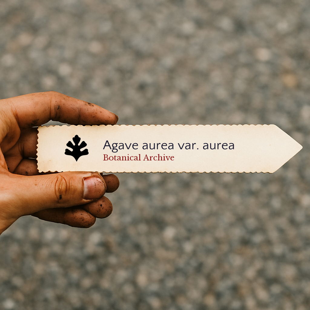 Etichetta stampata per pianta di Agave aurea var. aurea tenuta a mano con terra sulle dita