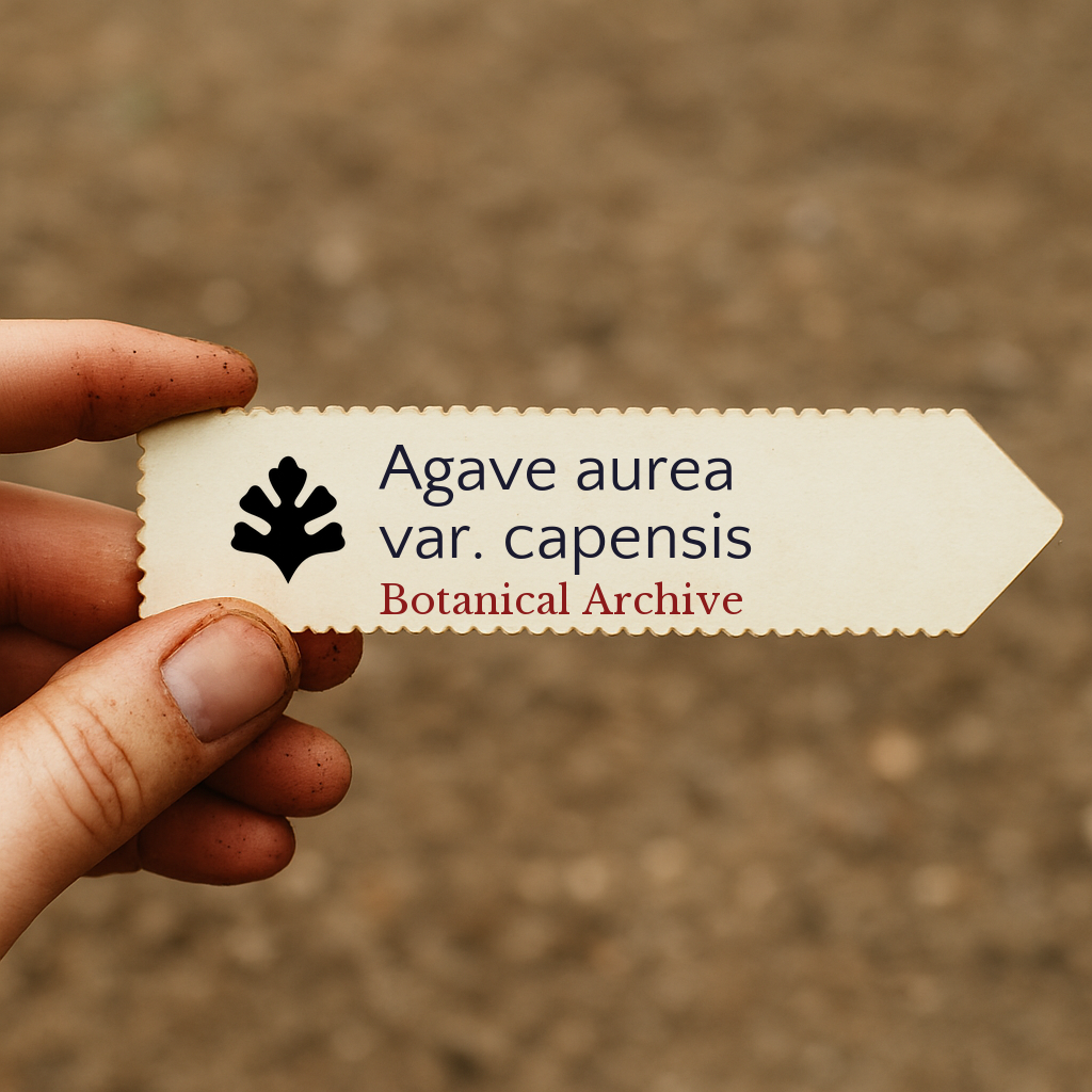 Printed plant label for Agave aurea var. capensis with botanical archive logo held by hand