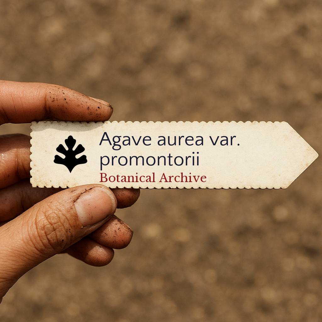 Printed plant label for Agave aurea var. promontorii held by hand with soil background