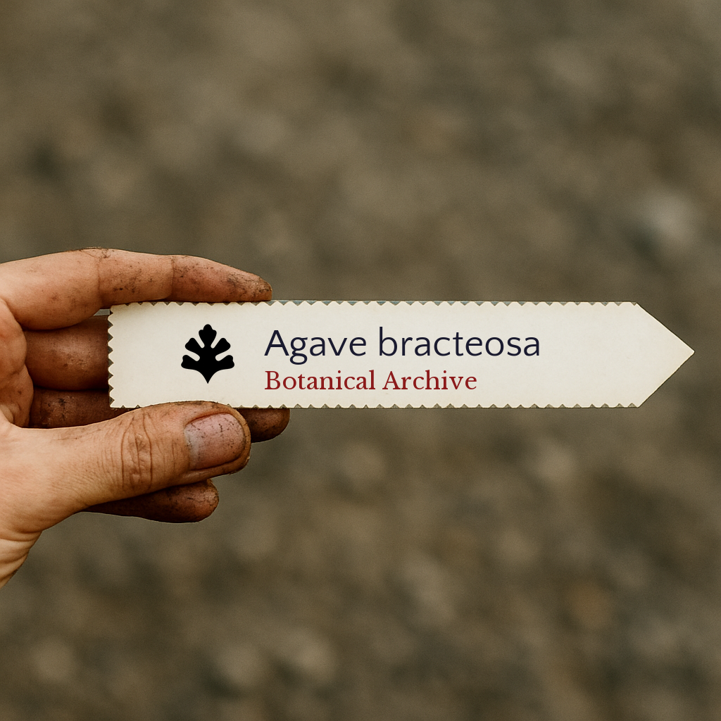 Etichetta per pianta stampata per Agave bracteosa tenuta a mano con sfondo di terra