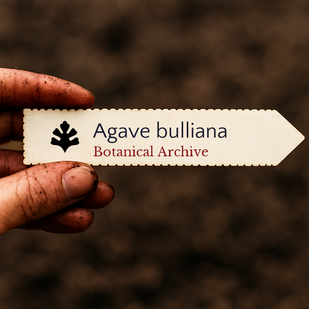 Printed plant label for Agave bulliana held by dirty hand over soil background