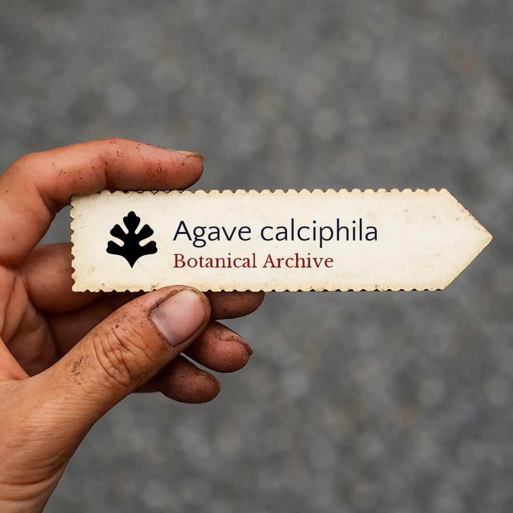 Etichetta stampata per pianta di Agave calciphila tenuta da mano sporca con sfondo sfocato