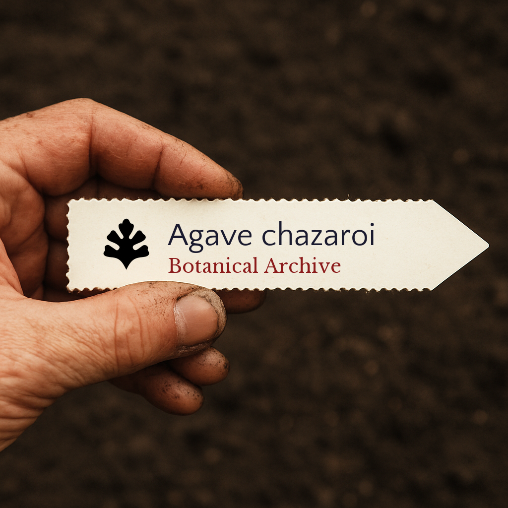 Etichetta stampata per pianta di Agave chazaroi su sfondo di terreno