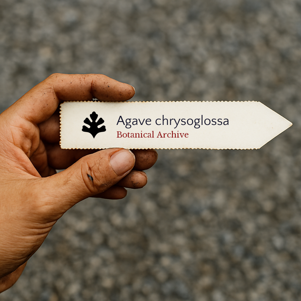 Printed plant label for Agave chrysoglossa held by hand with dirt on fingers