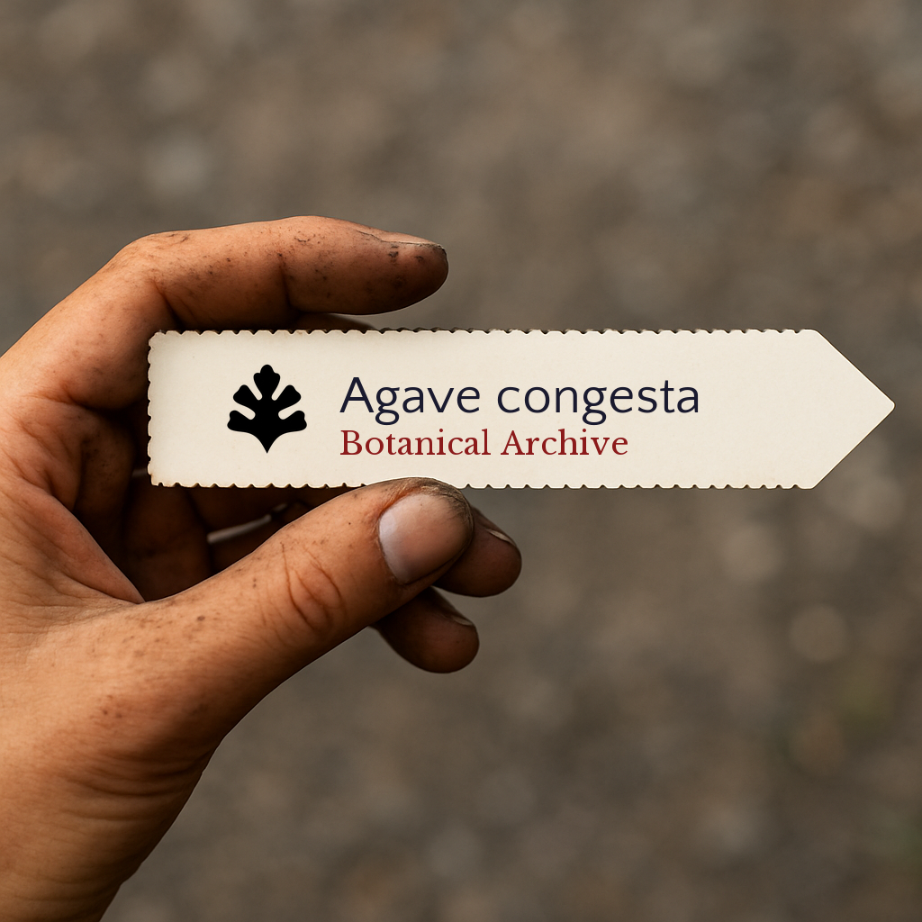 Printed plant label for Agave congesta held by a dirty hand outdoors