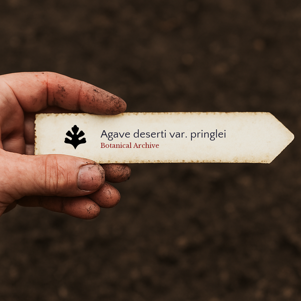 Etichetta per pianta di Agave deserti var. pringlei con logo Botanical Archive tenuta da mano sporca