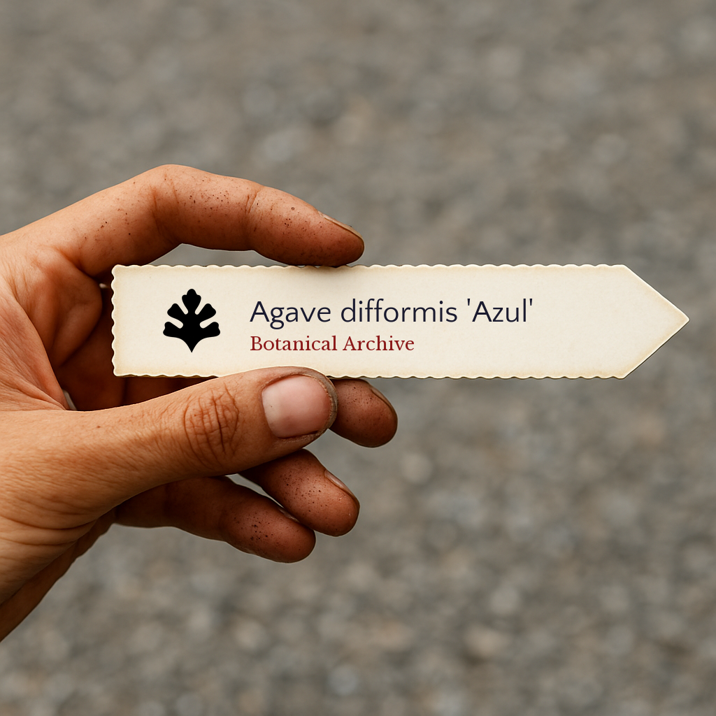 Printed plant label for Agave difformis 'Azul' held by hand with dirt on fingers
