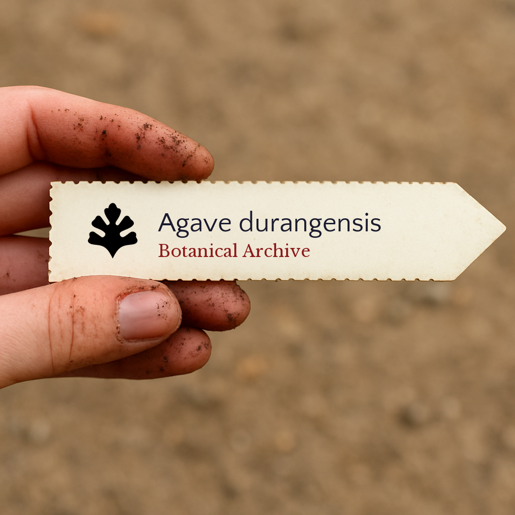 Printed plant label for Agave durangensis held by dirty hand over soil background