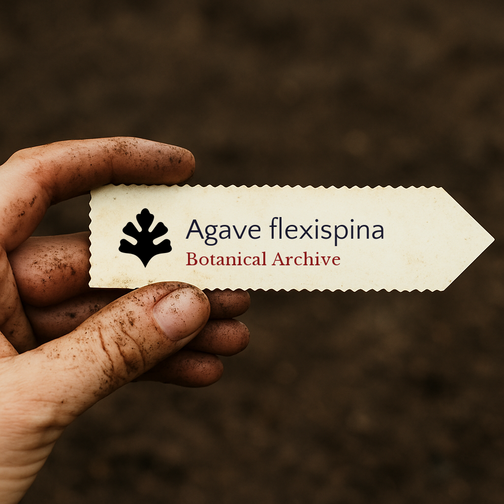 Printed plant label for Agave flexispina held by dirty hand over soil background