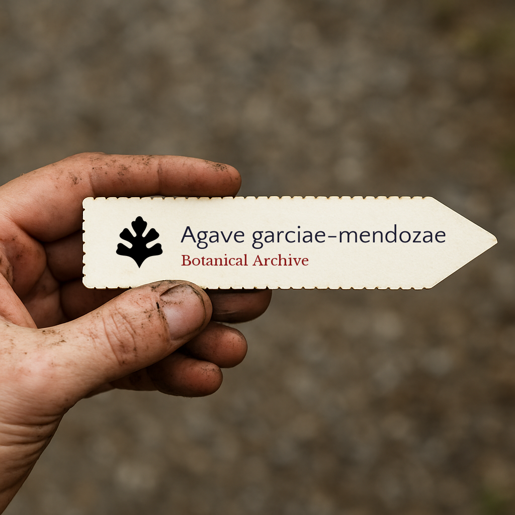 Printed plant label for Agave garciae-mendozae held by hand with soil background