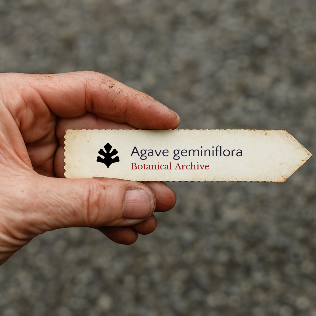 Etichetta stampata per pianta di Agave geminiflora tenuta in mano con sfondo sfocato di ghiaia