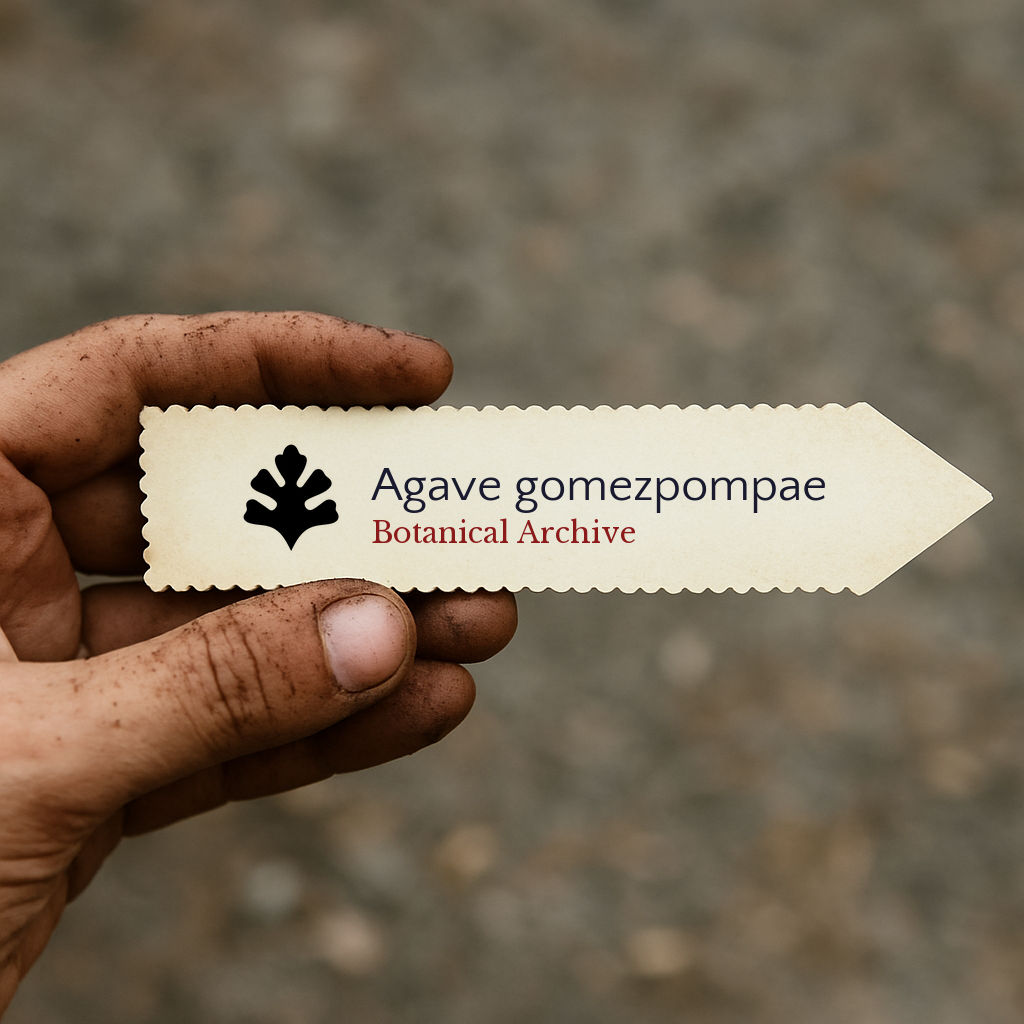 Etichetta vegetale stampata per Agave gomezpompae tenuta a mano con dita sporche di terra