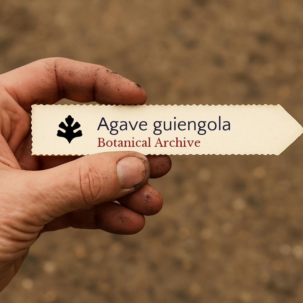 Etichetta per pianta stampata per Agave guiengola tenuta da mano sporca con sfondo di terreno
