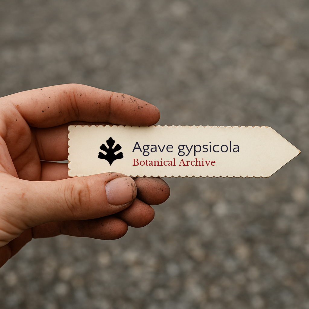 Etichetta vegetale stampata per Agave gypsicola tenuta a mano con terra sulle dita