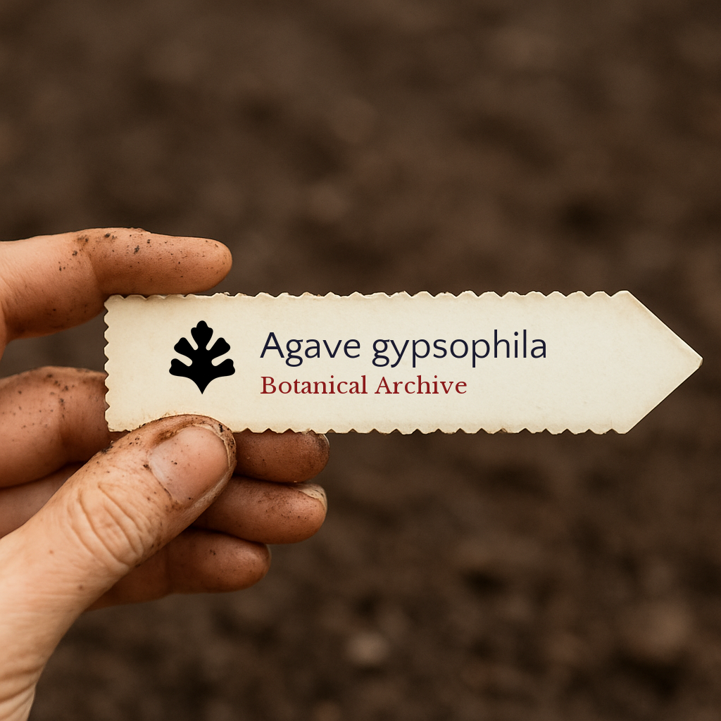 Etichetta stampata per pianta di Agave gypsophila tenuta da una mano sporca su sfondo di terra