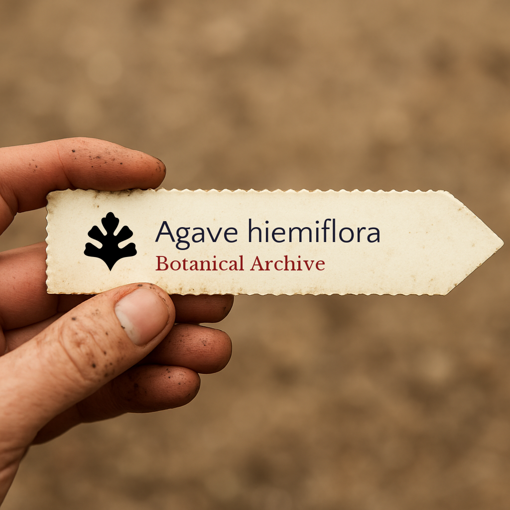 Etichetta stampata per pianta di Agave hiemiflora con il logo Botanical Archive tenuta da mano sporca
