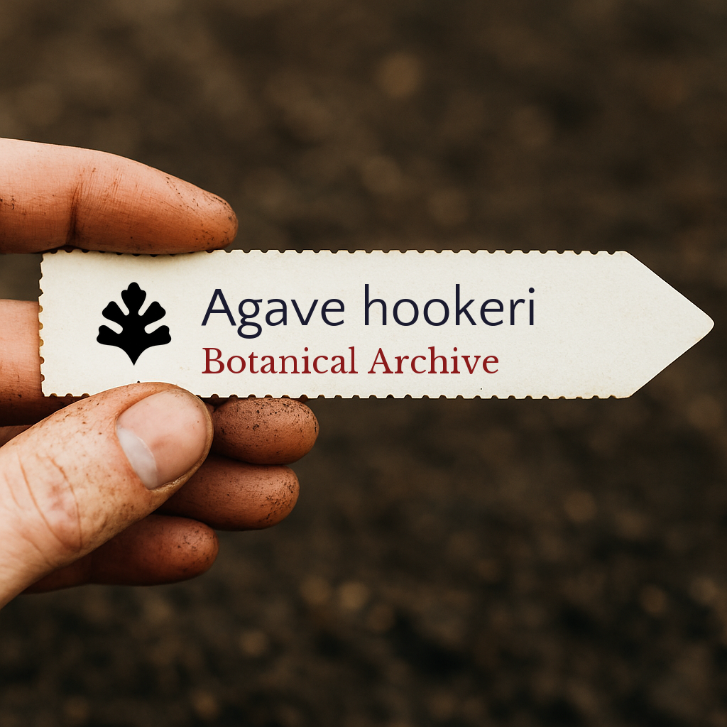 Printed plant label for Agave hookeri held by dirty hand over soil background