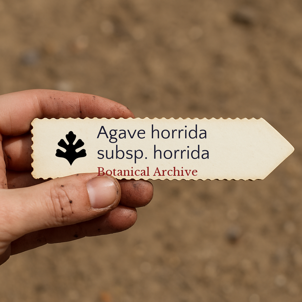 Etichetta della pianta stampata per Agave horrida subsp. horrida tenuta a mano con sfondo di terra
