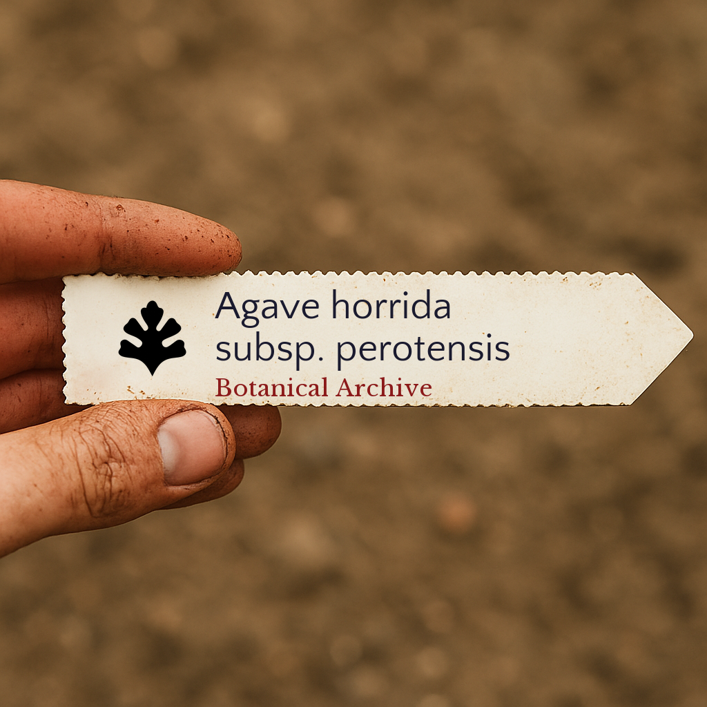 Printed plant label for Agave horrida subsp. perotensis held in hand with soil background
