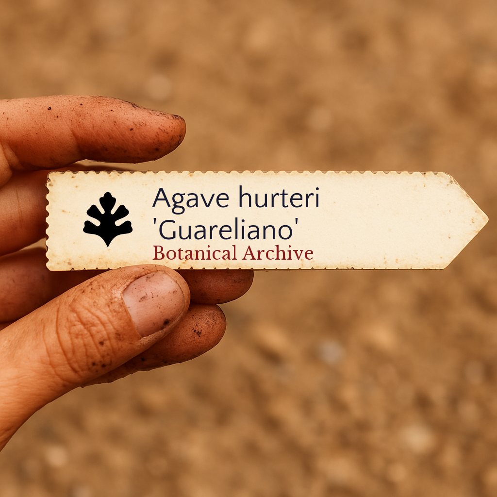 Etichetta vegetale stampata per Agave hurteri 'Guareliano' tenuta a mano con sfondo di terra