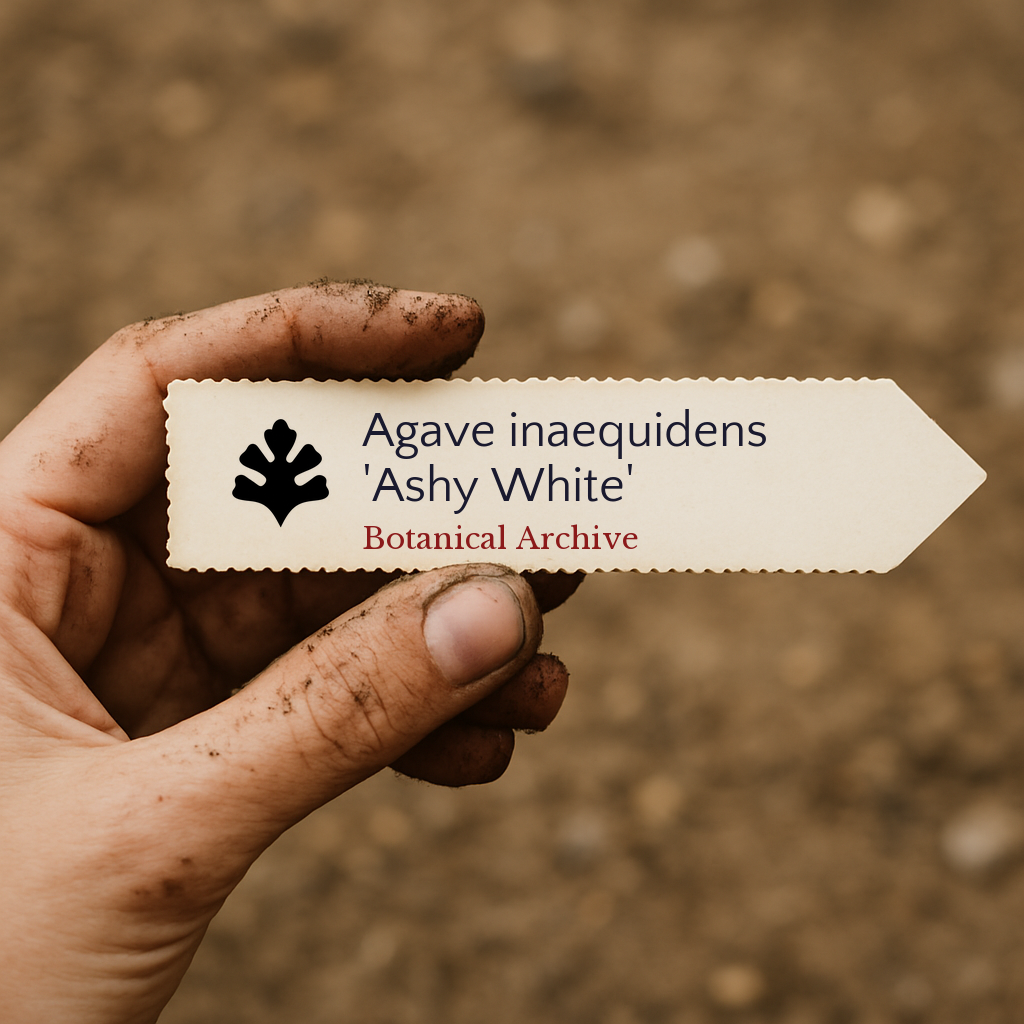 Etichetta per pianta di Agave inaequidens 'Ashy White' tenuta a mano con sfondo di terra