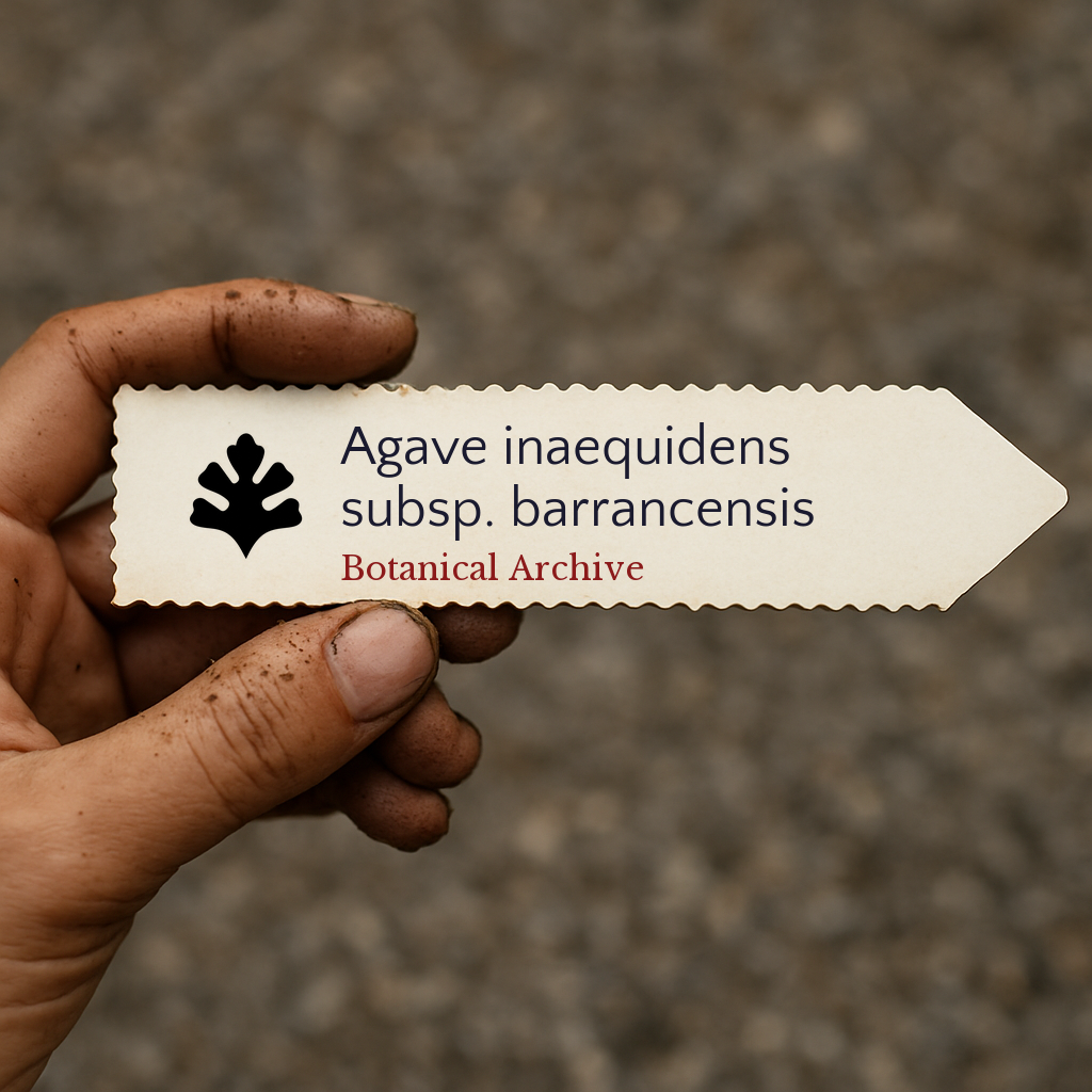 Etichetta per piante stampata per Agave inaequidens subsp. barrancensis tenuta a mano con sfondo di terra