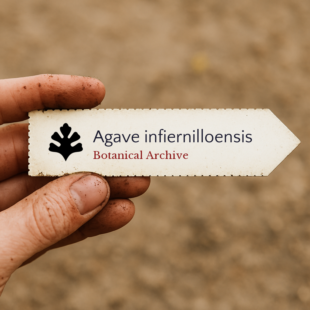 Printed plant label for Agave infiernilloensis held by dirty hand outdoors